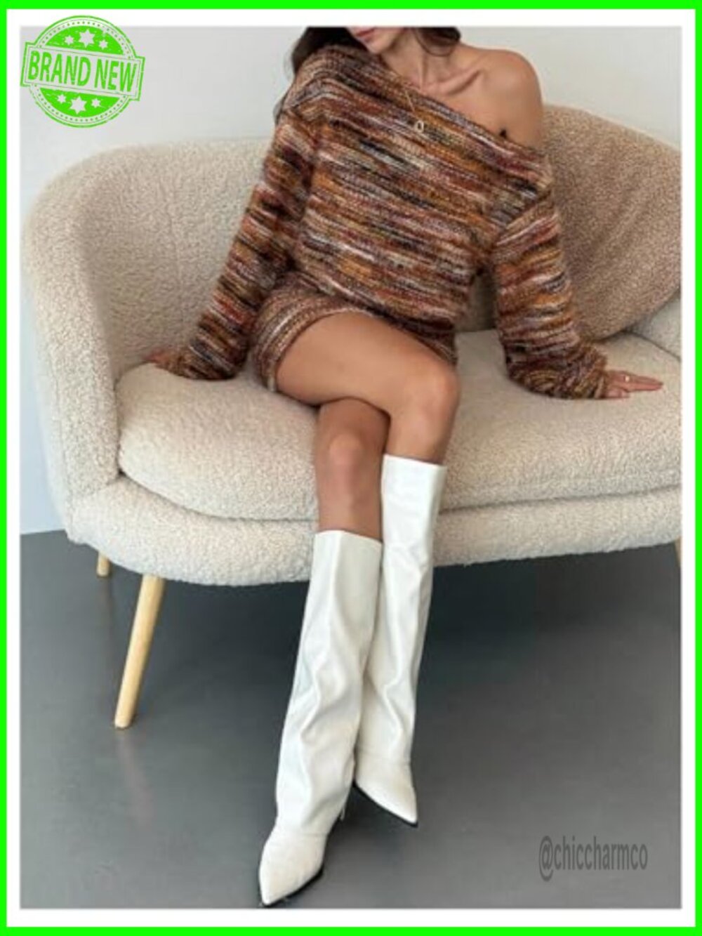 Womens Fuzzy Marled Knit Sweater Dress Asymmetrical Neck Long Sleeve Mini - Picture 4 of 5